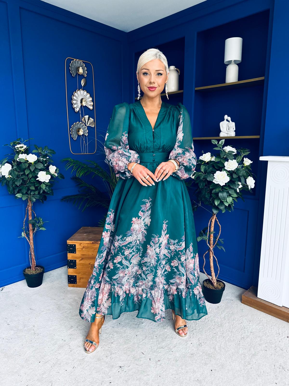 Margaret Banded Occasion Dress Floral Green