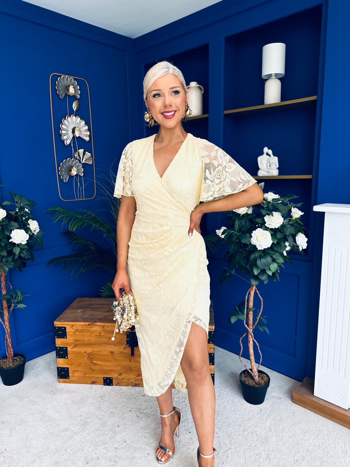 Natasha Lace Angel Sleeve Midi Dress Yellow – Canella Lane