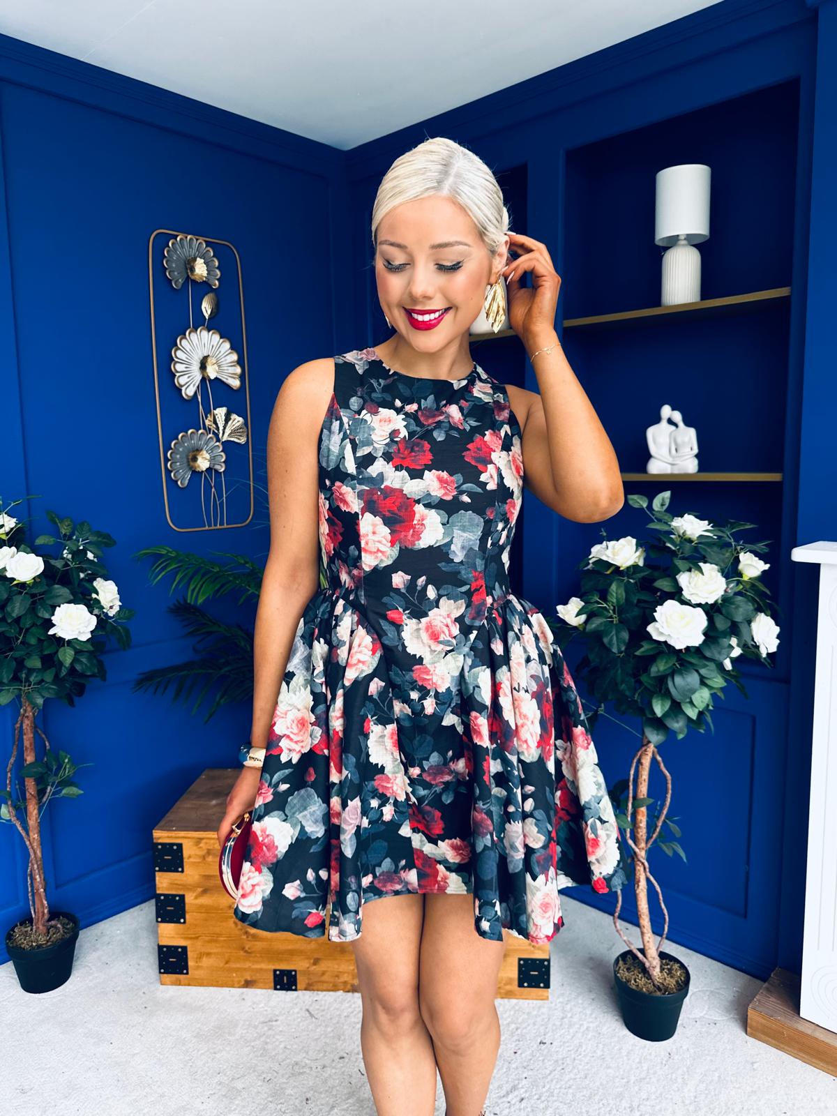 Kamila Detailed Mini Dress Floral Black