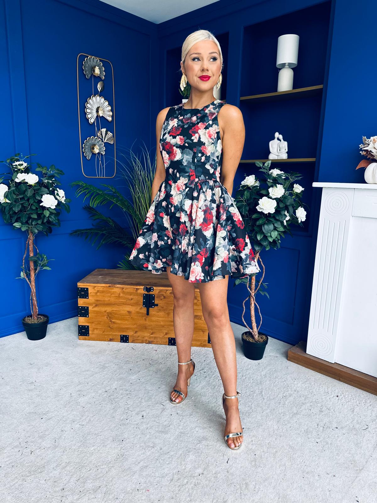 Kamila Detailed Mini Dress Floral Black