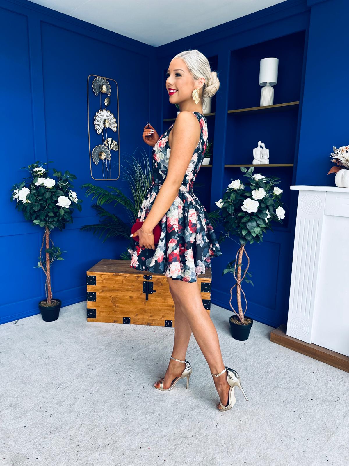 Kamila Detailed Mini Dress Floral Black