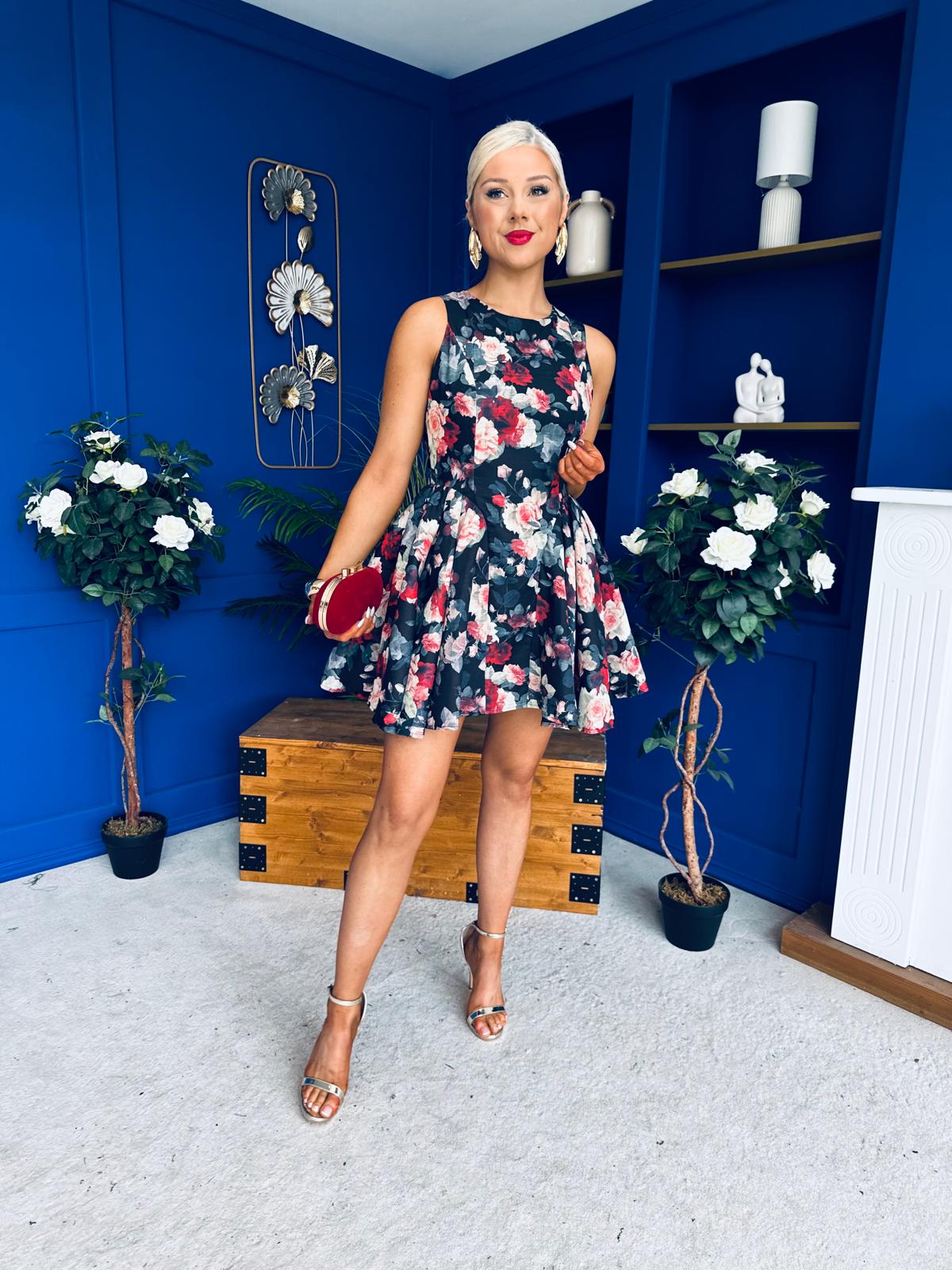 Kamila Detailed Mini Dress Floral Black