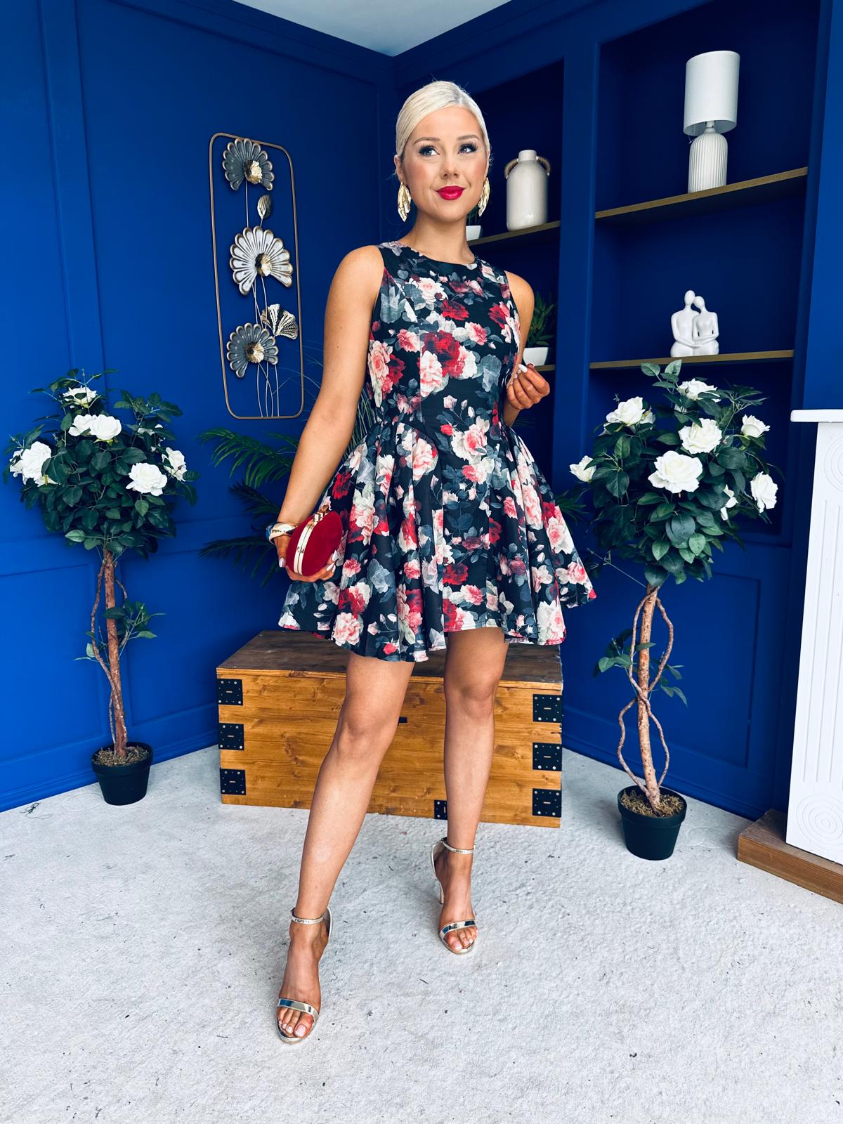 Kamila Detailed Mini Dress Floral Black