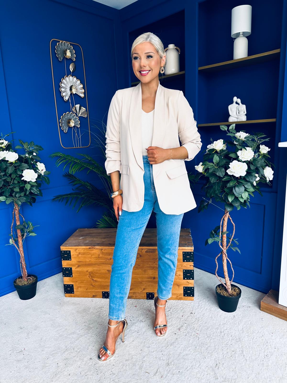 Sarah Gathered Sleeve Blazer Almond