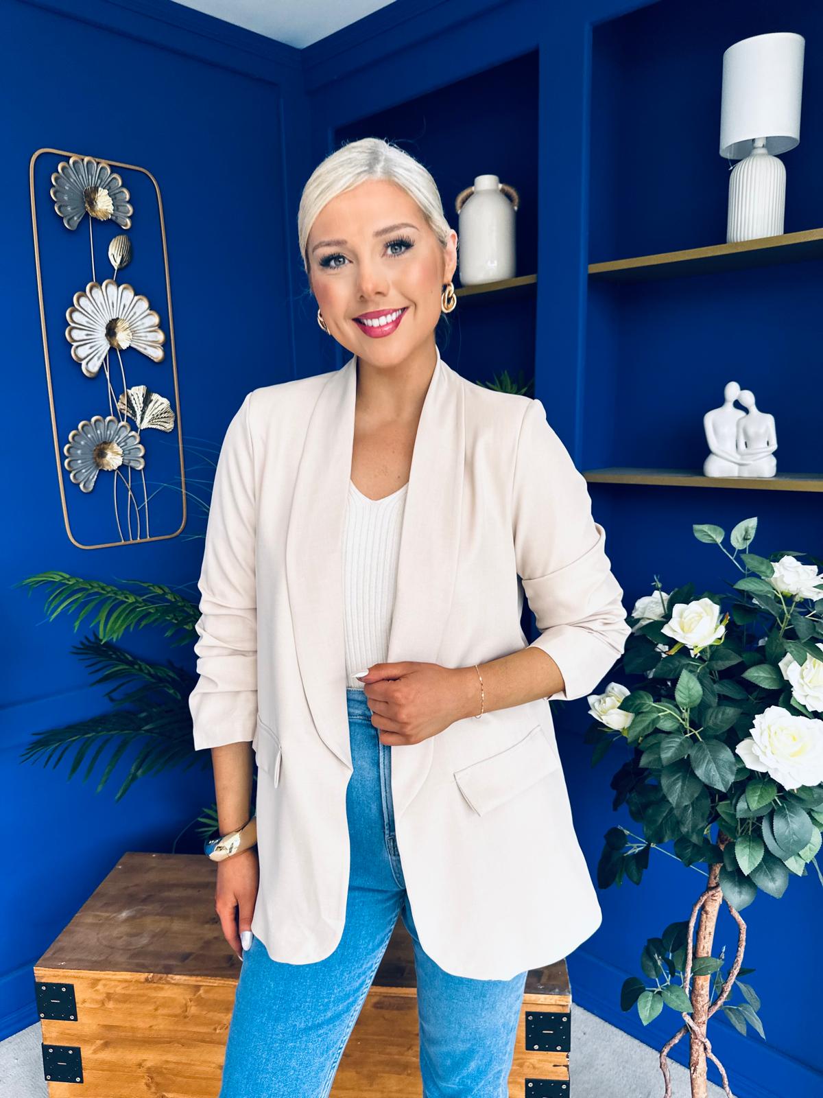 Sarah Gathered Sleeve Blazer Almond