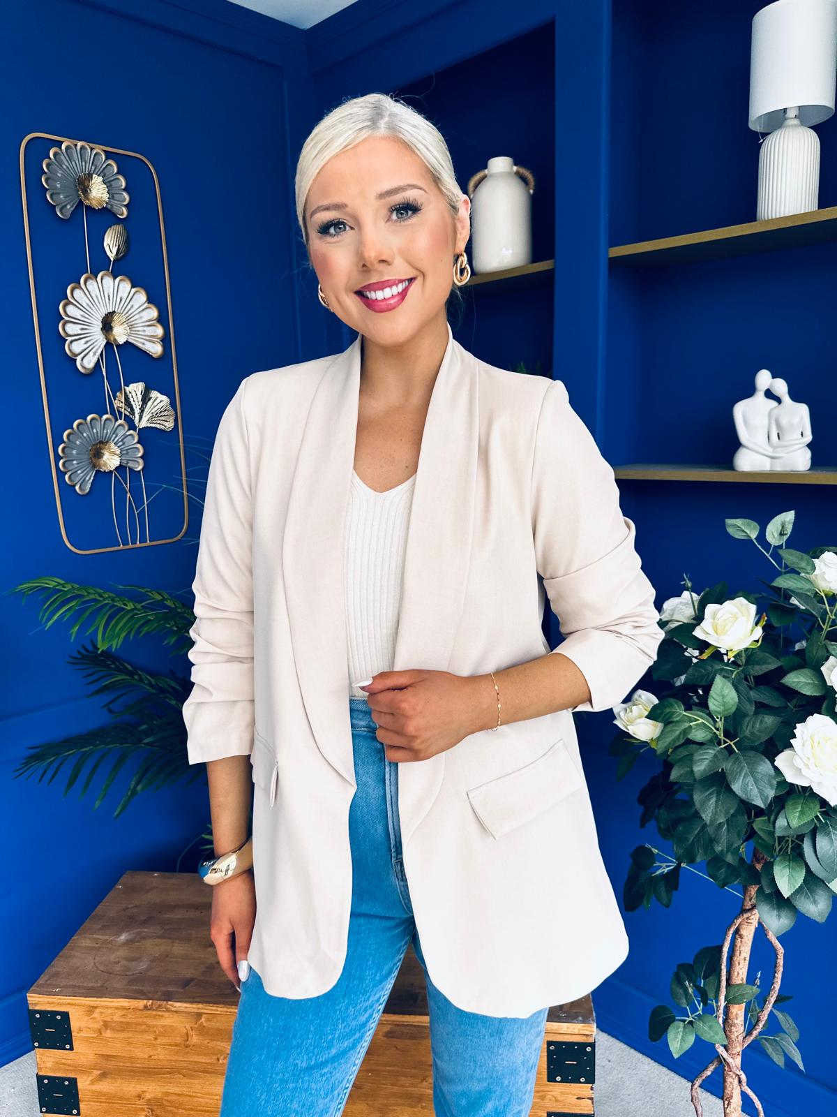 Sarah Gathered Sleeve Blazer Almond