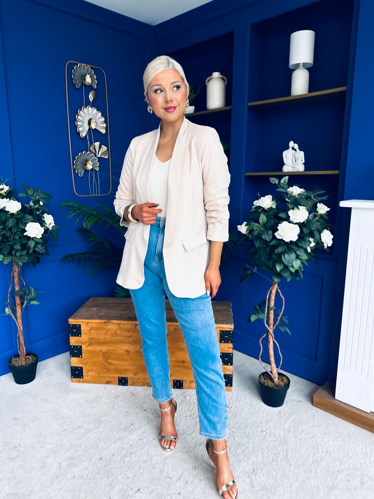 Sarah Gathered Sleeve Blazer Almond