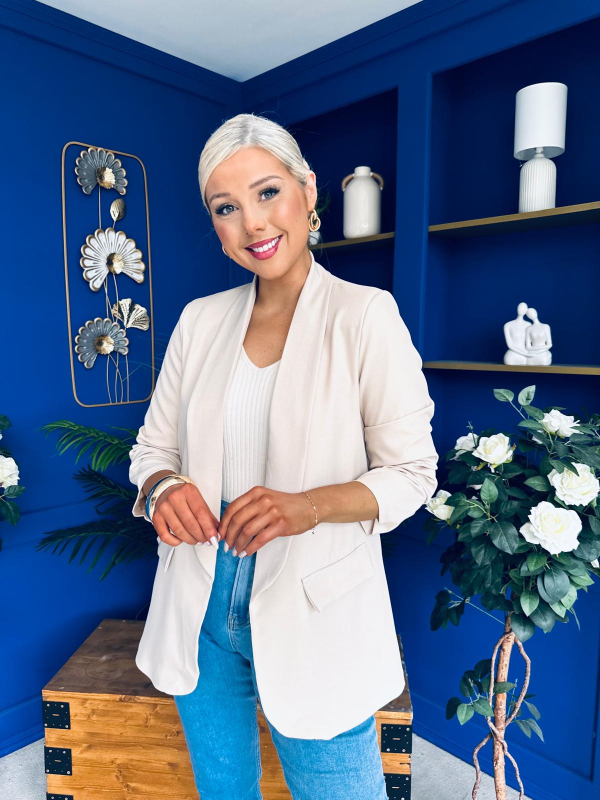 Sarah Gathered Sleeve Blazer Almond