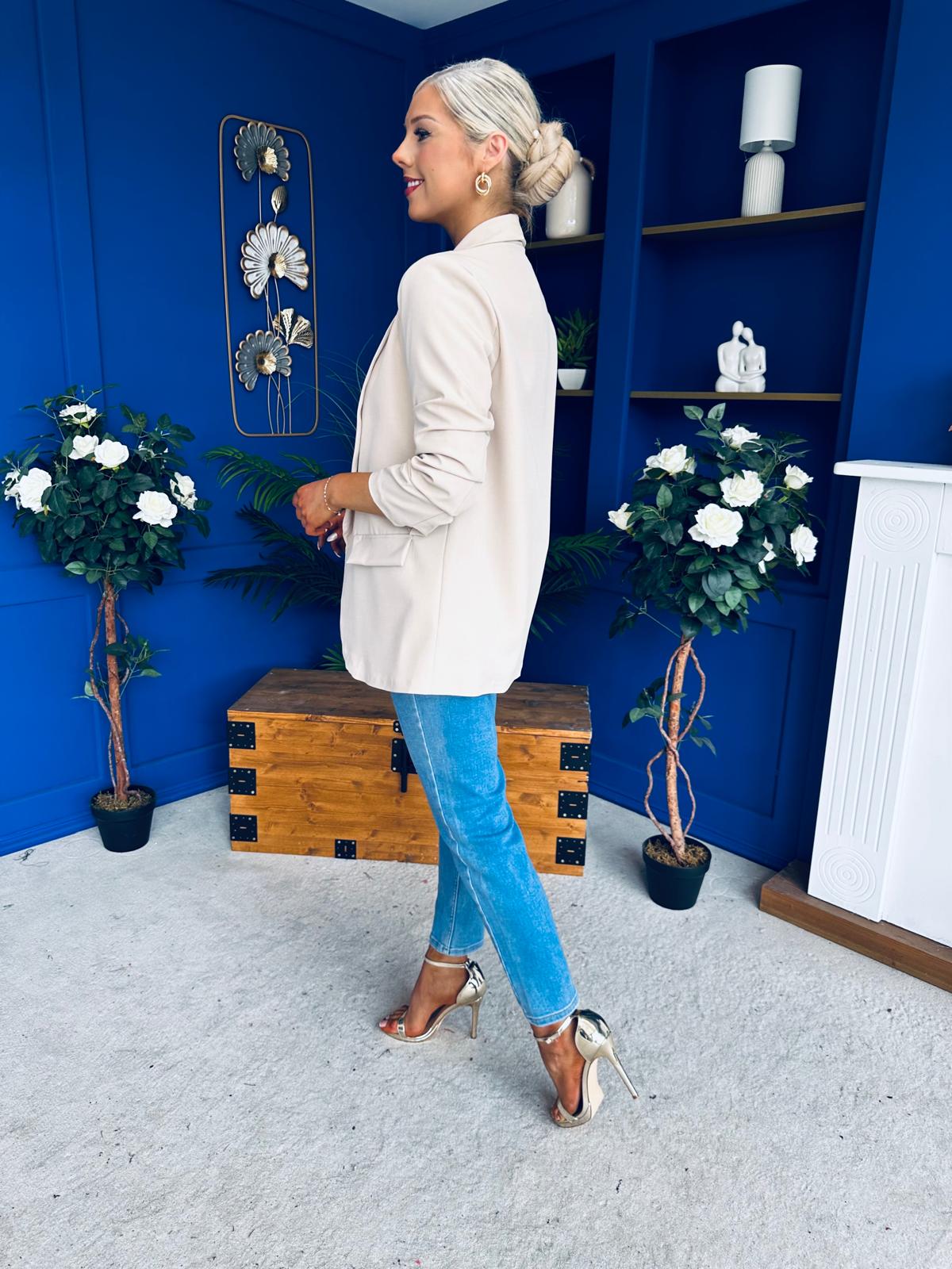 Sarah Gathered Sleeve Blazer Almond