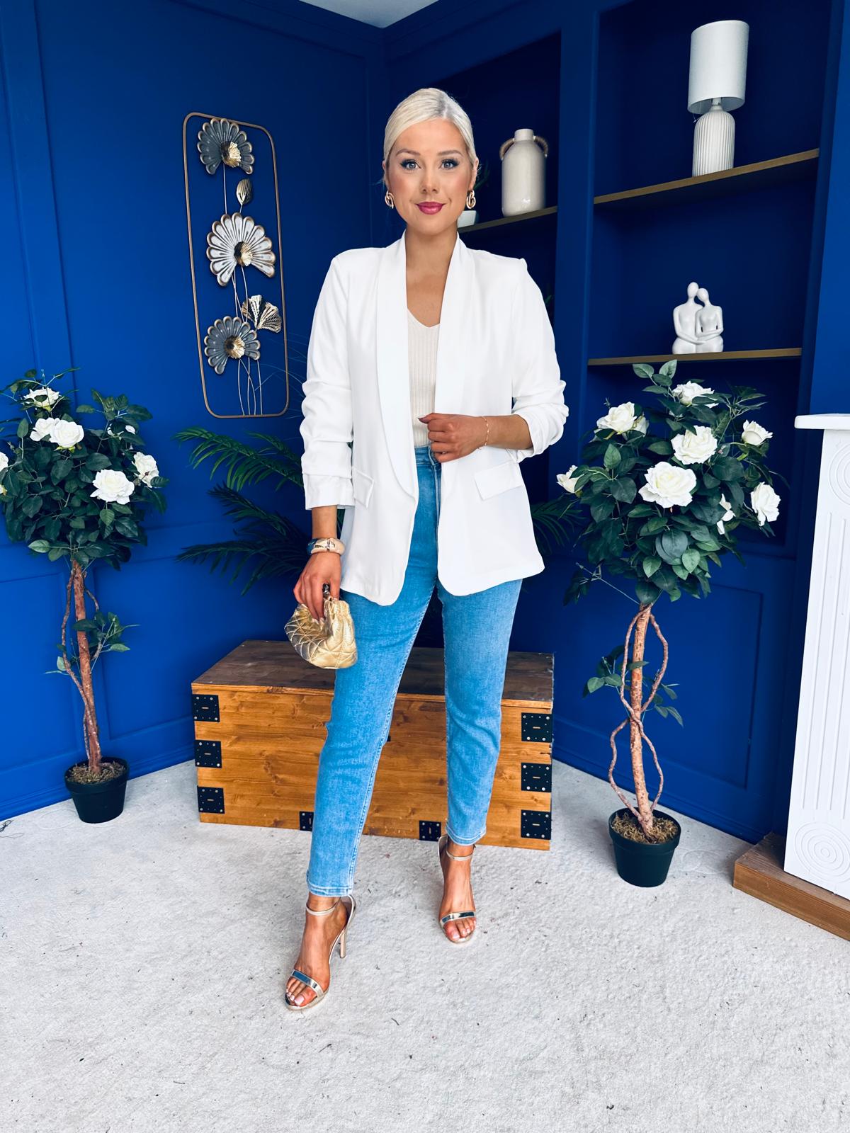 Sarah Gathered Sleeve Blazer White