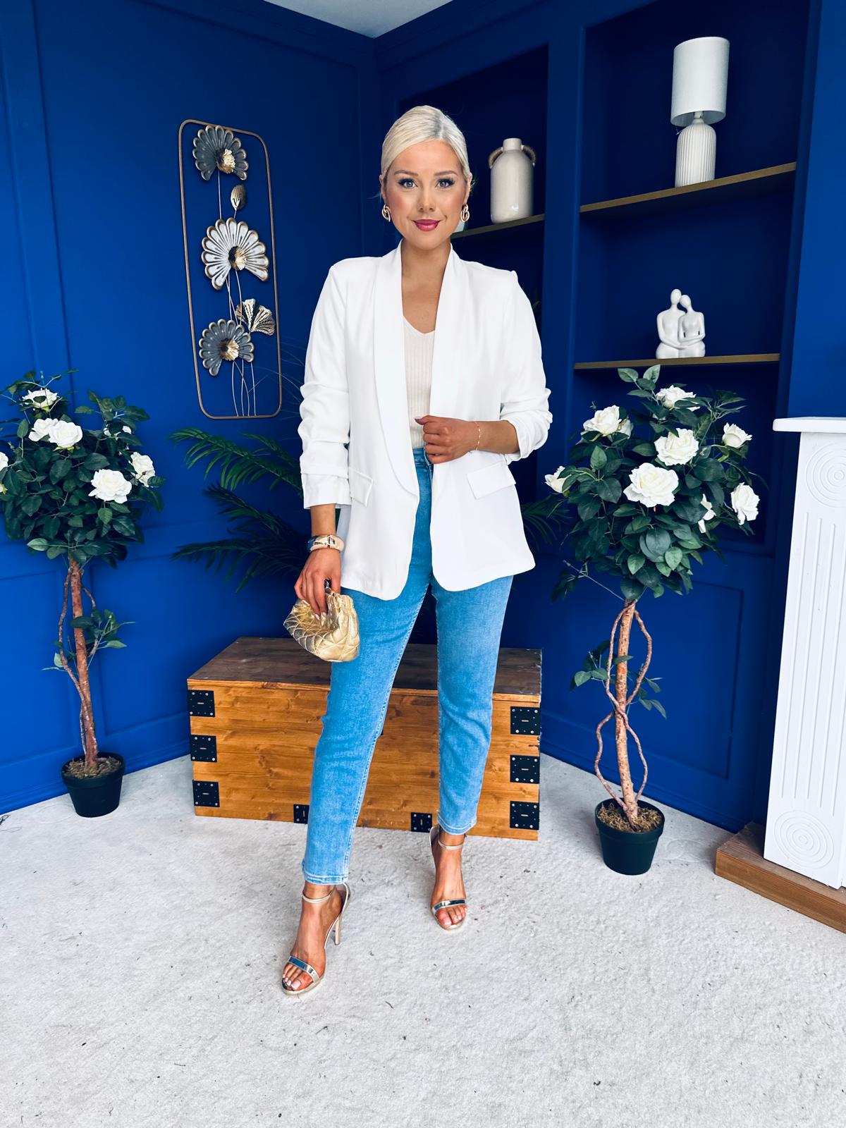 Sarah Gathered Sleeve Blazer White