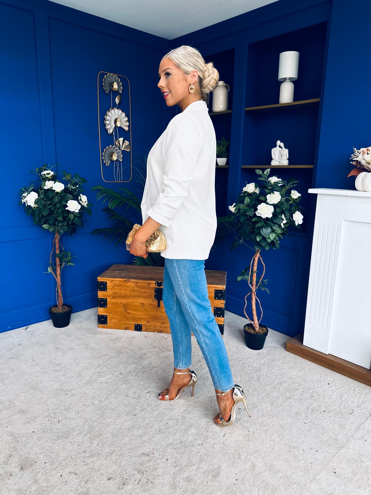 Sarah Gathered Sleeve Blazer White