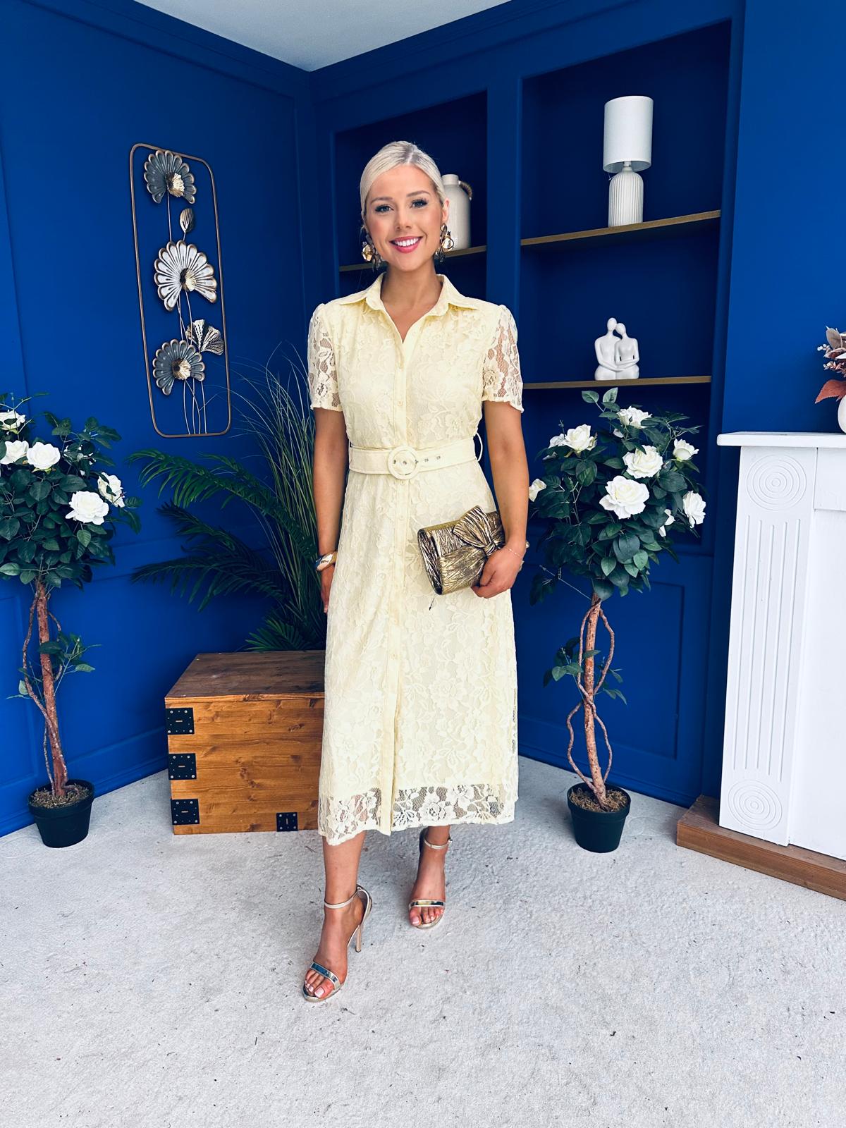 Tansy Short Sleeve Lace Shirt Dress Yellow