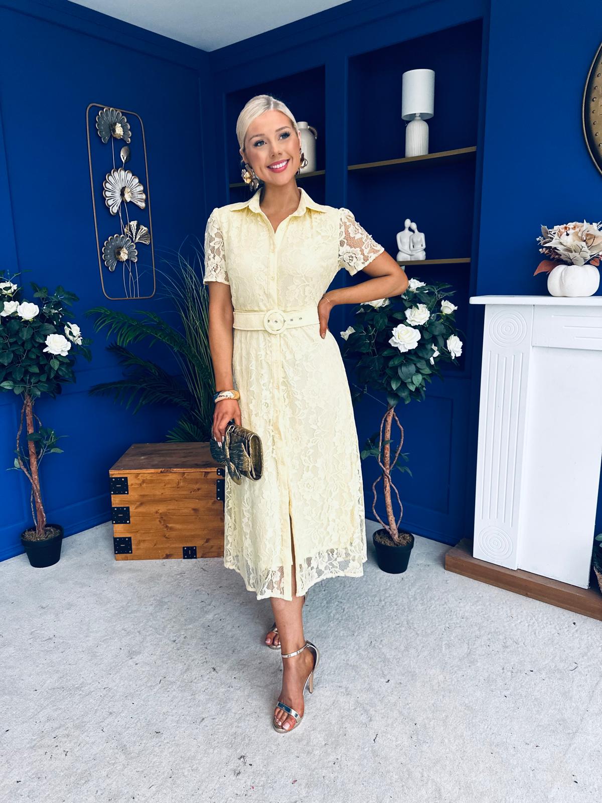 Tansy Short Sleeve Lace Shirt Dress Yellow
