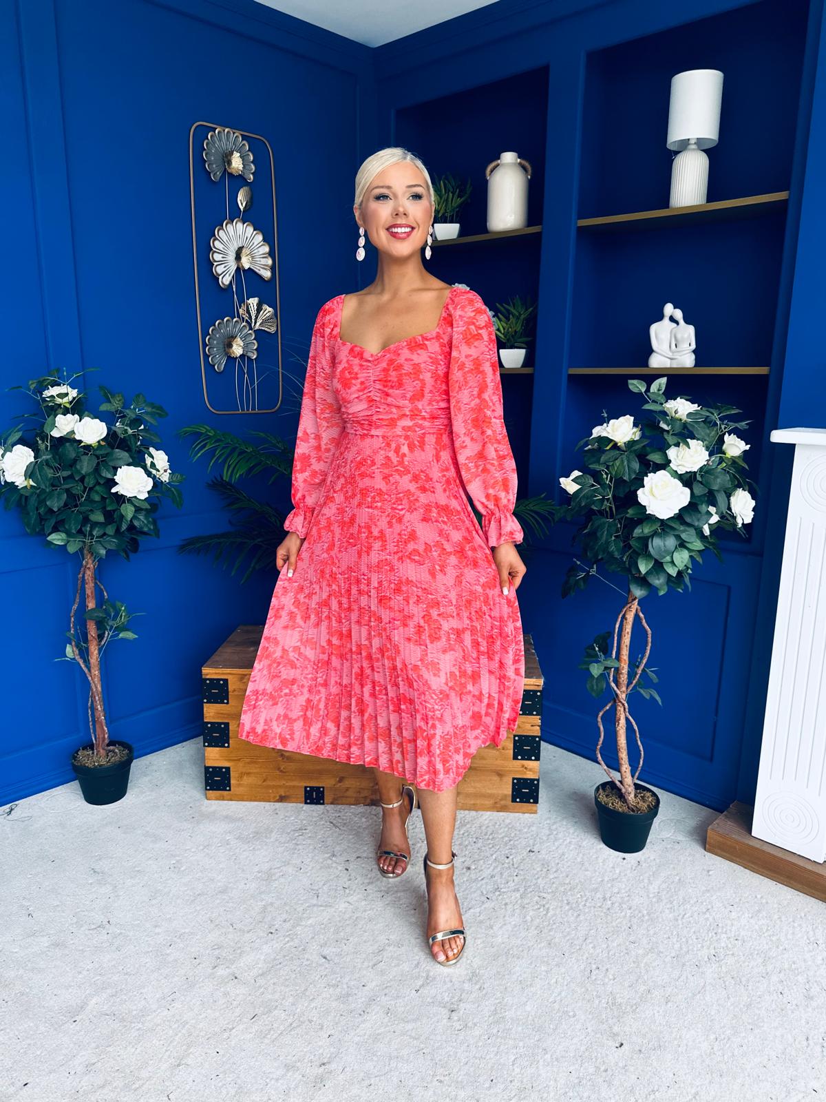 Roisin Detailed Midi Dress Floral Coral