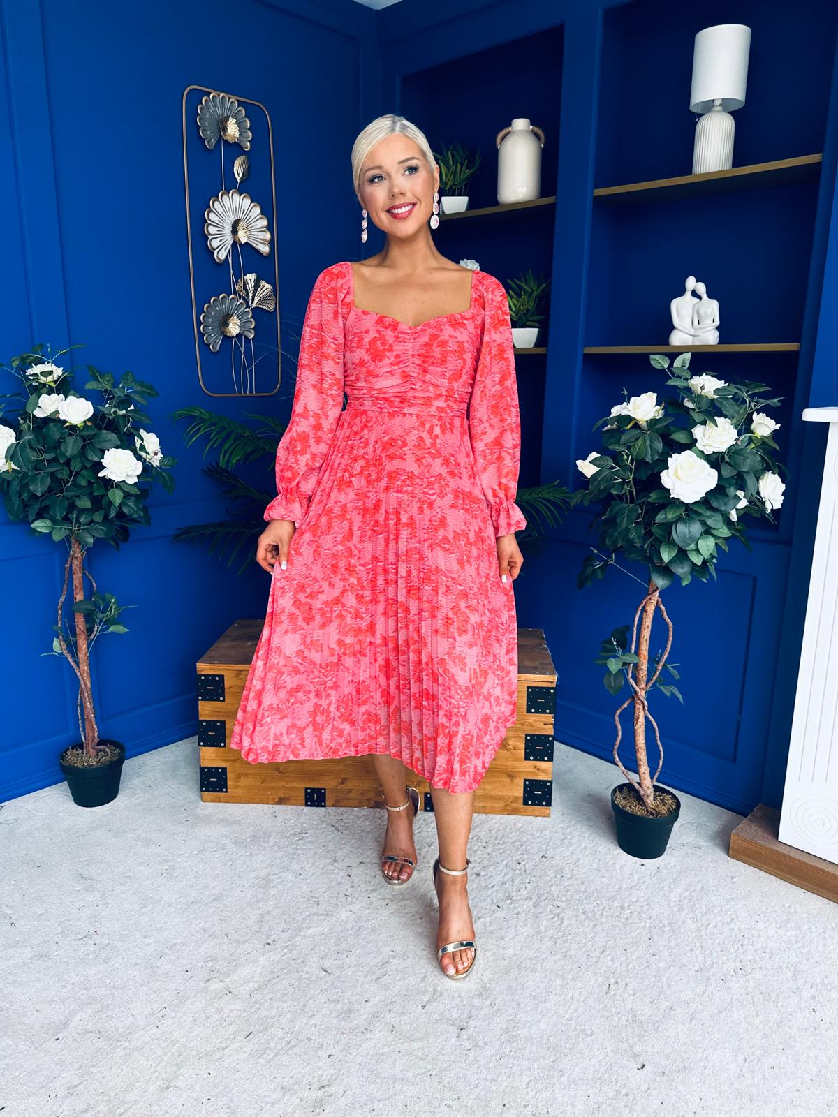 Roisin Detailed Midi Dress Floral Coral