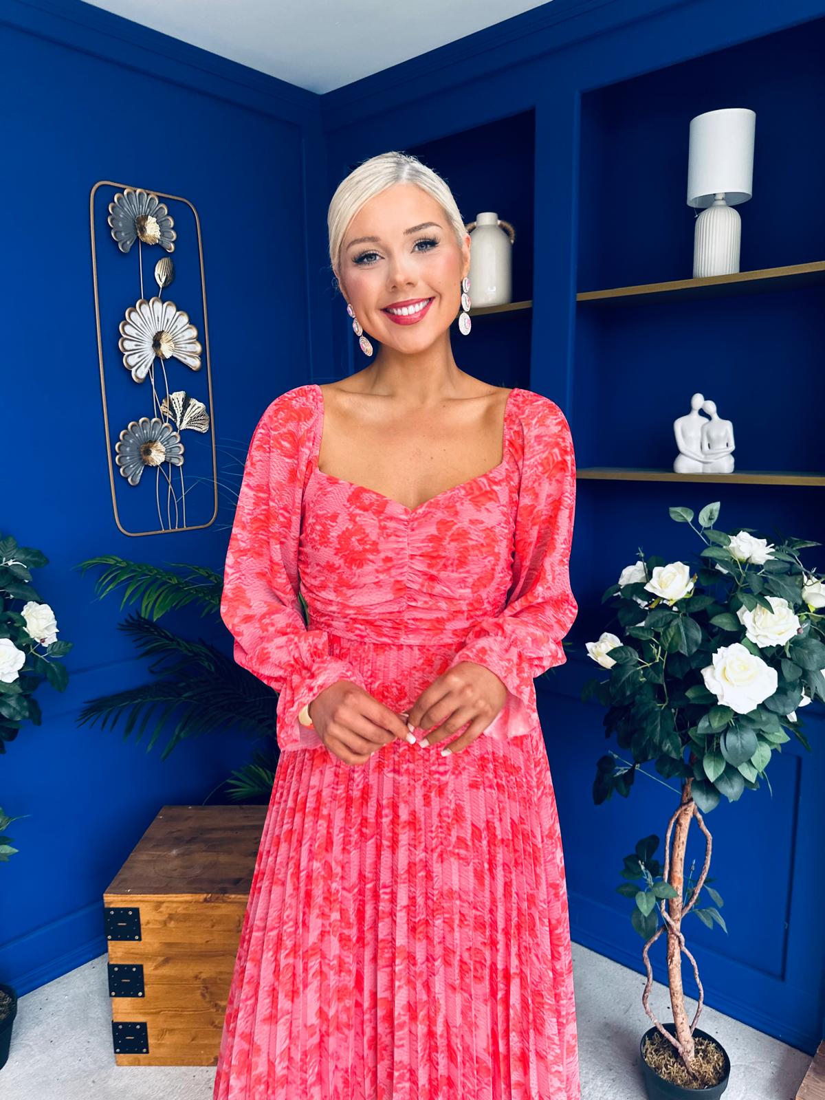 Roisin Detailed Midi Dress Floral Coral