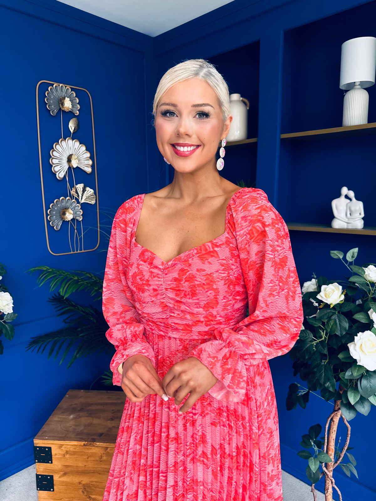 Roisin Detailed Midi Dress Floral Coral