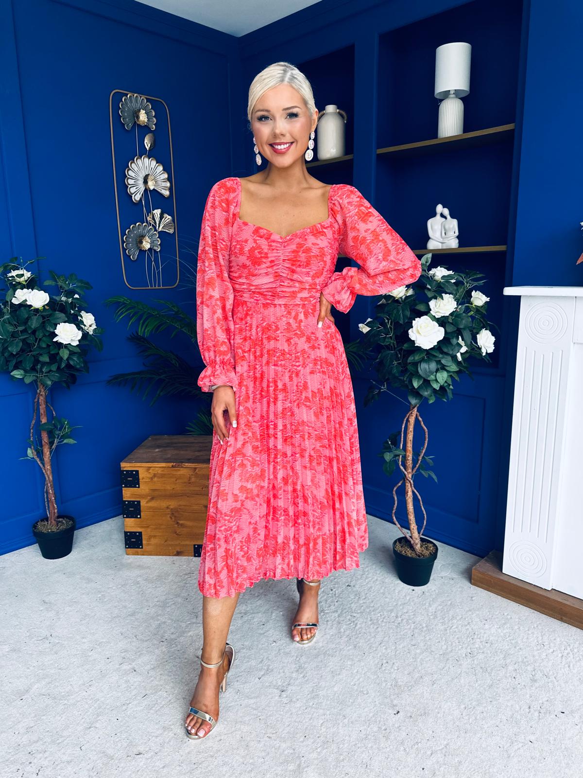 Roisin Detailed Midi Dress Floral Coral