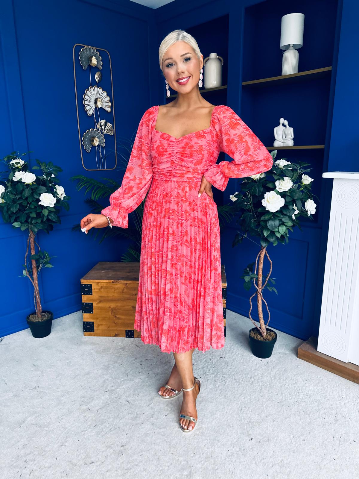 Roisin Detailed Midi Dress Floral Coral
