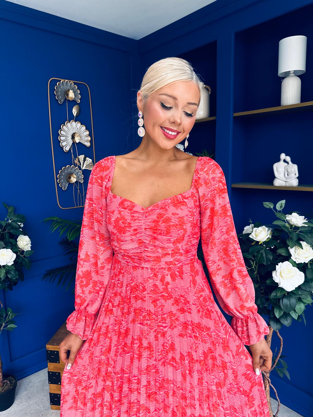Roisin Detailed Midi Dress Floral Coral