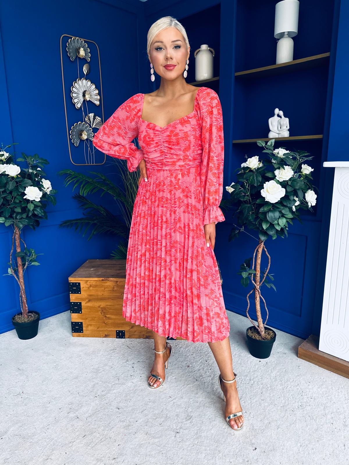 Roisin Detailed Midi Dress Floral Coral