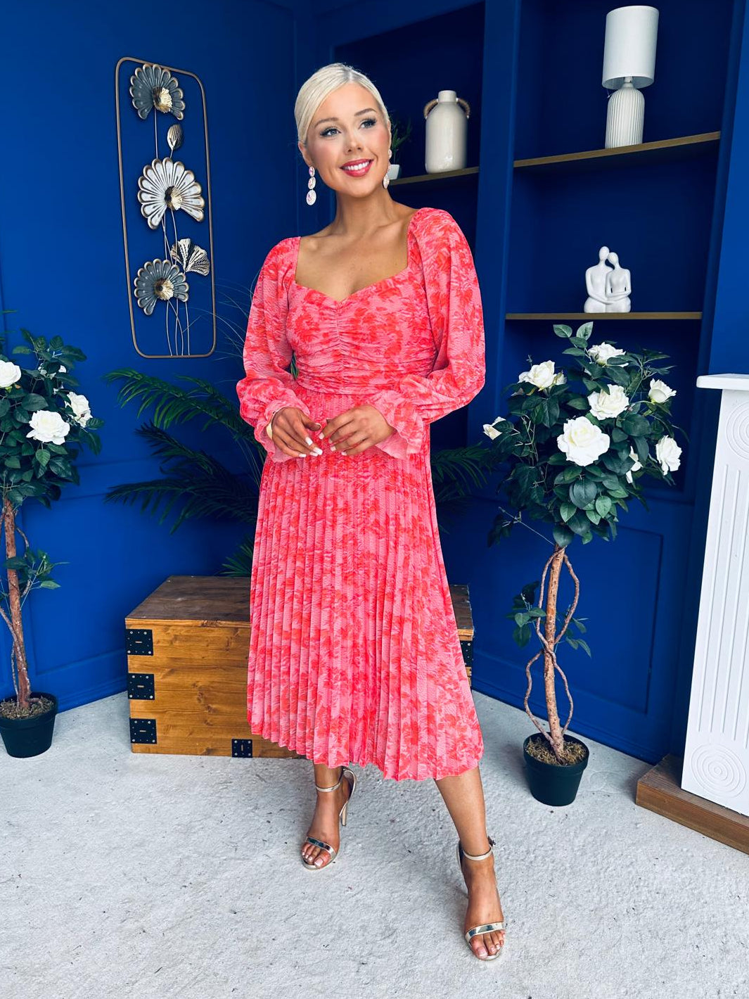 Roisin Detailed Midi Dress Floral Coral