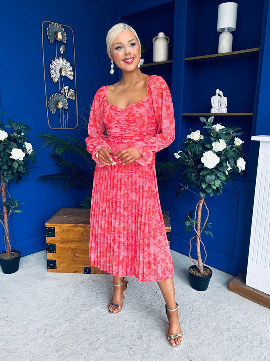 Roisin Detailed Midi Dress Floral Coral