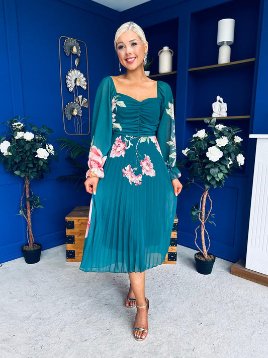 Roisin Detailed Midi Dress Floral Green