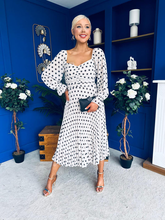 Roisin Detailed Midi Dress Polka White