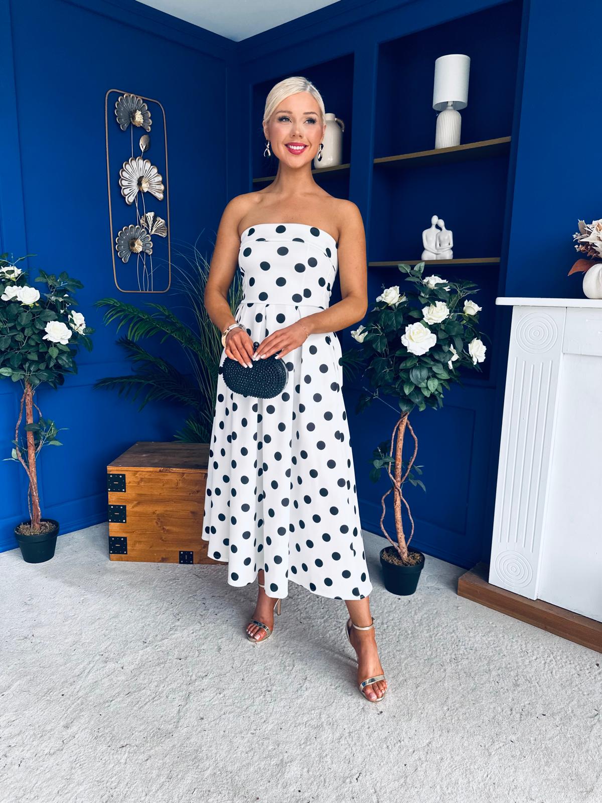 Danni Strapless Bandeau Midi Dress Polka White