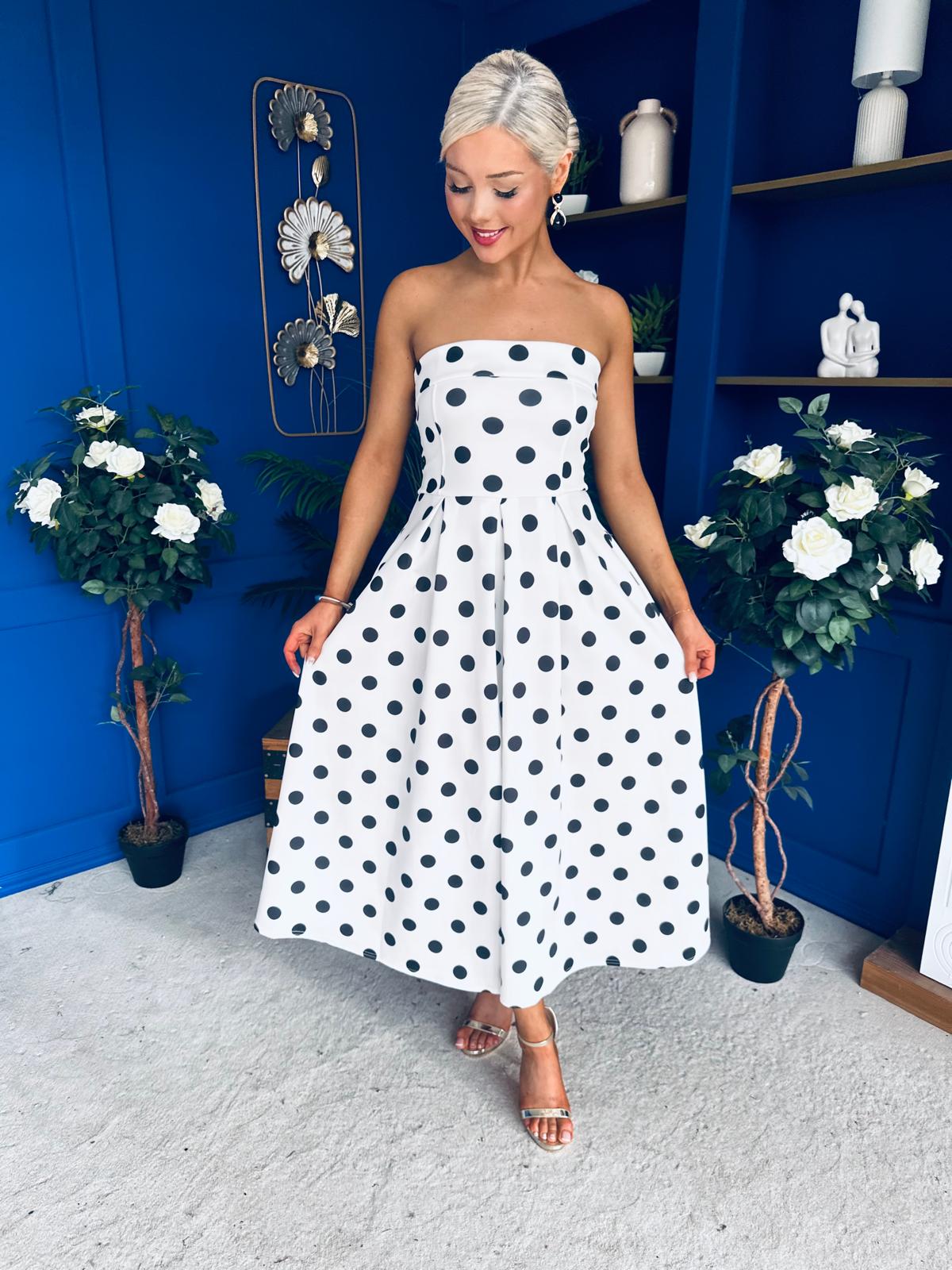 Danni Strapless Bandeau Midi Dress Polka White