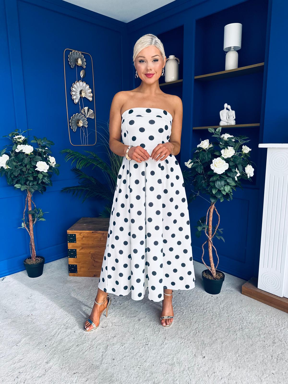 Danni Strapless Bandeau Midi Dress Polka White