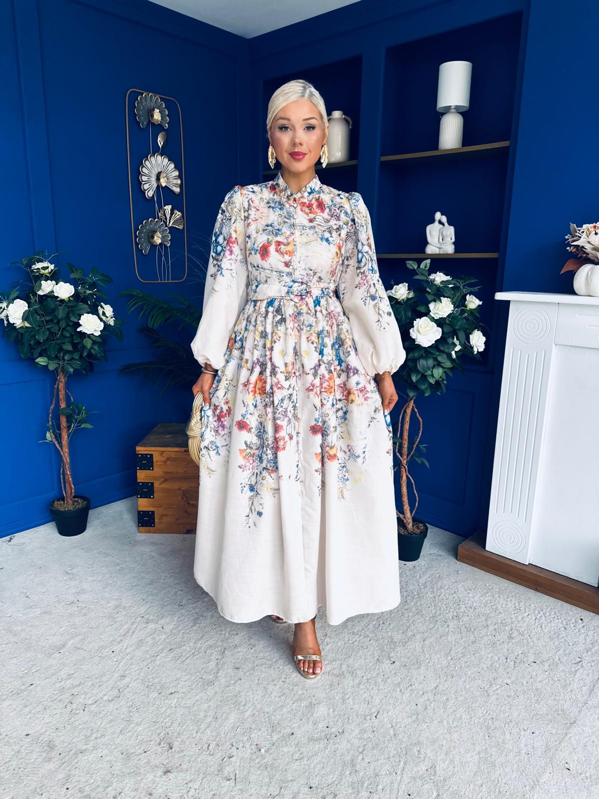 Leona Detailed Shirt Dress Floral Cream