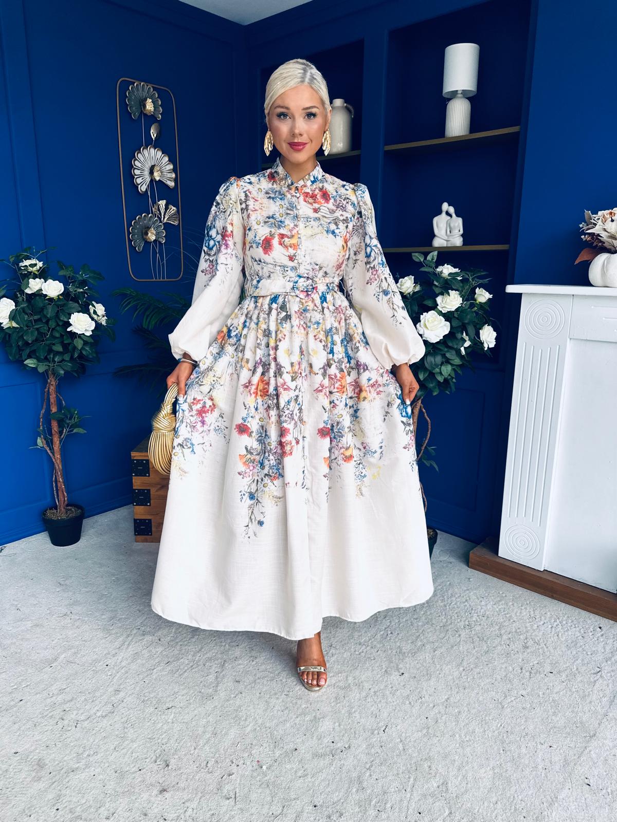 Leona Detailed Shirt Dress Floral Cream