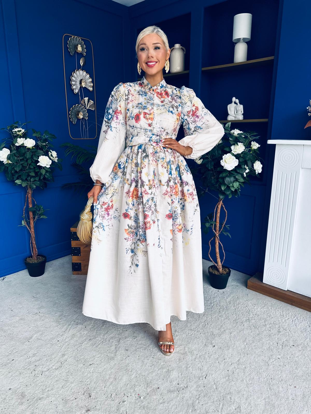 Leona Detailed Shirt Dress Floral Cream