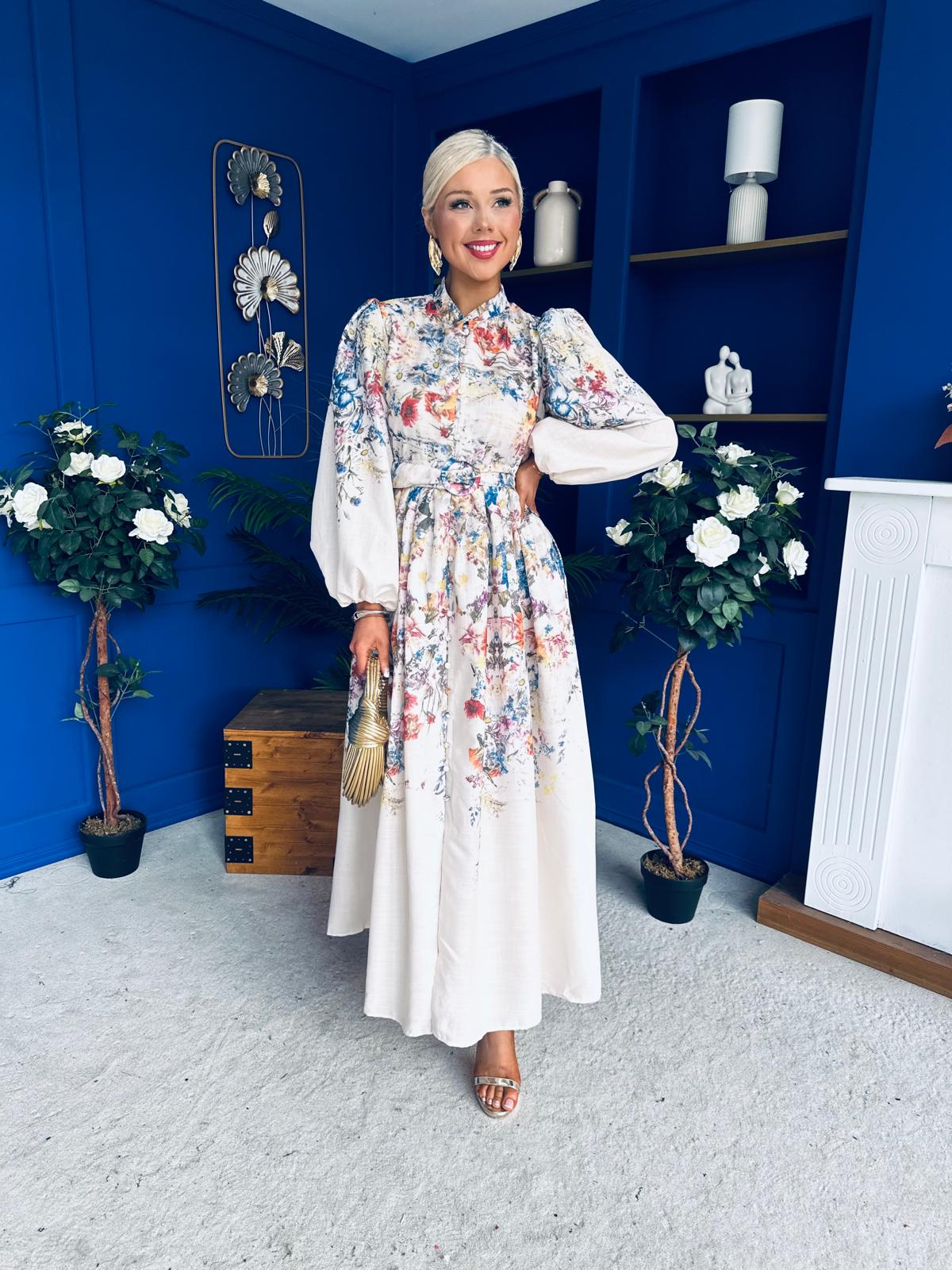 Leona Detailed Shirt Dress Floral Cream