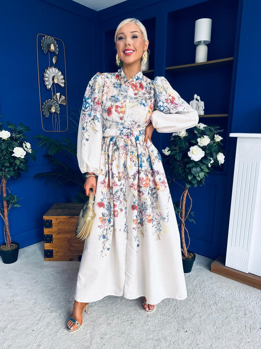 Leona Detailed Shirt Dress Floral Cream