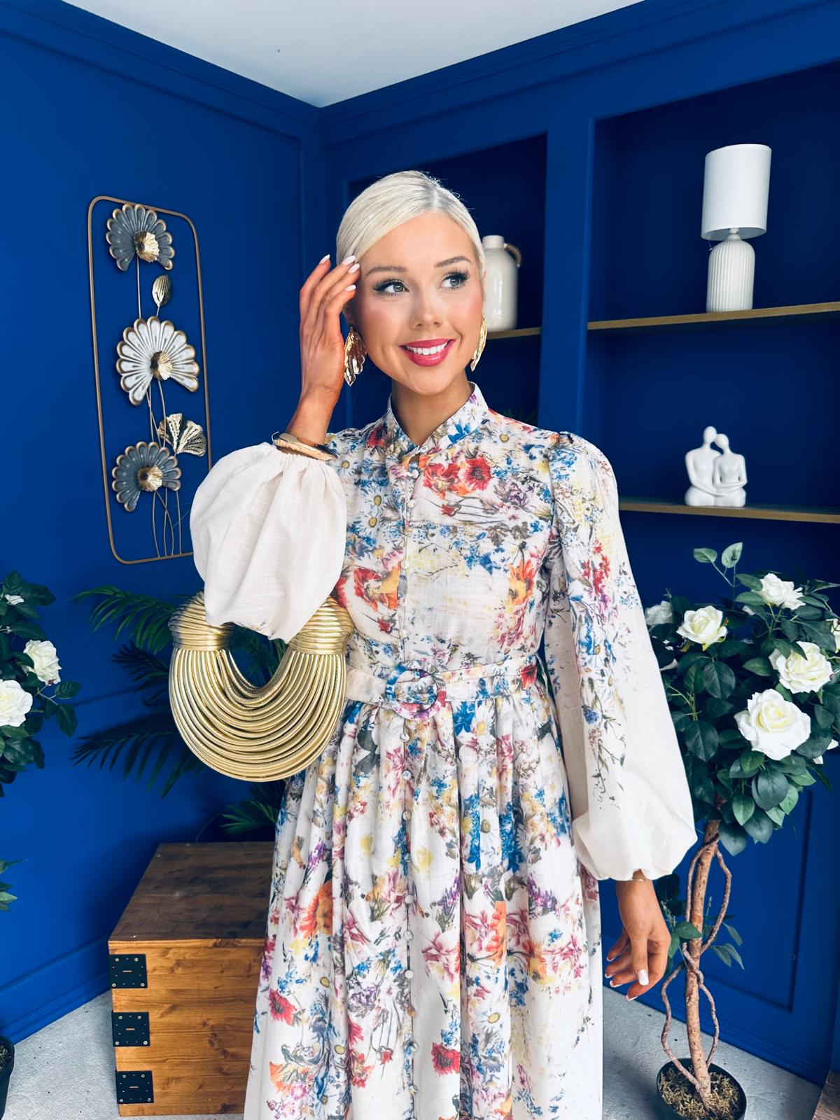 Leona Detailed Shirt Dress Floral Cream
