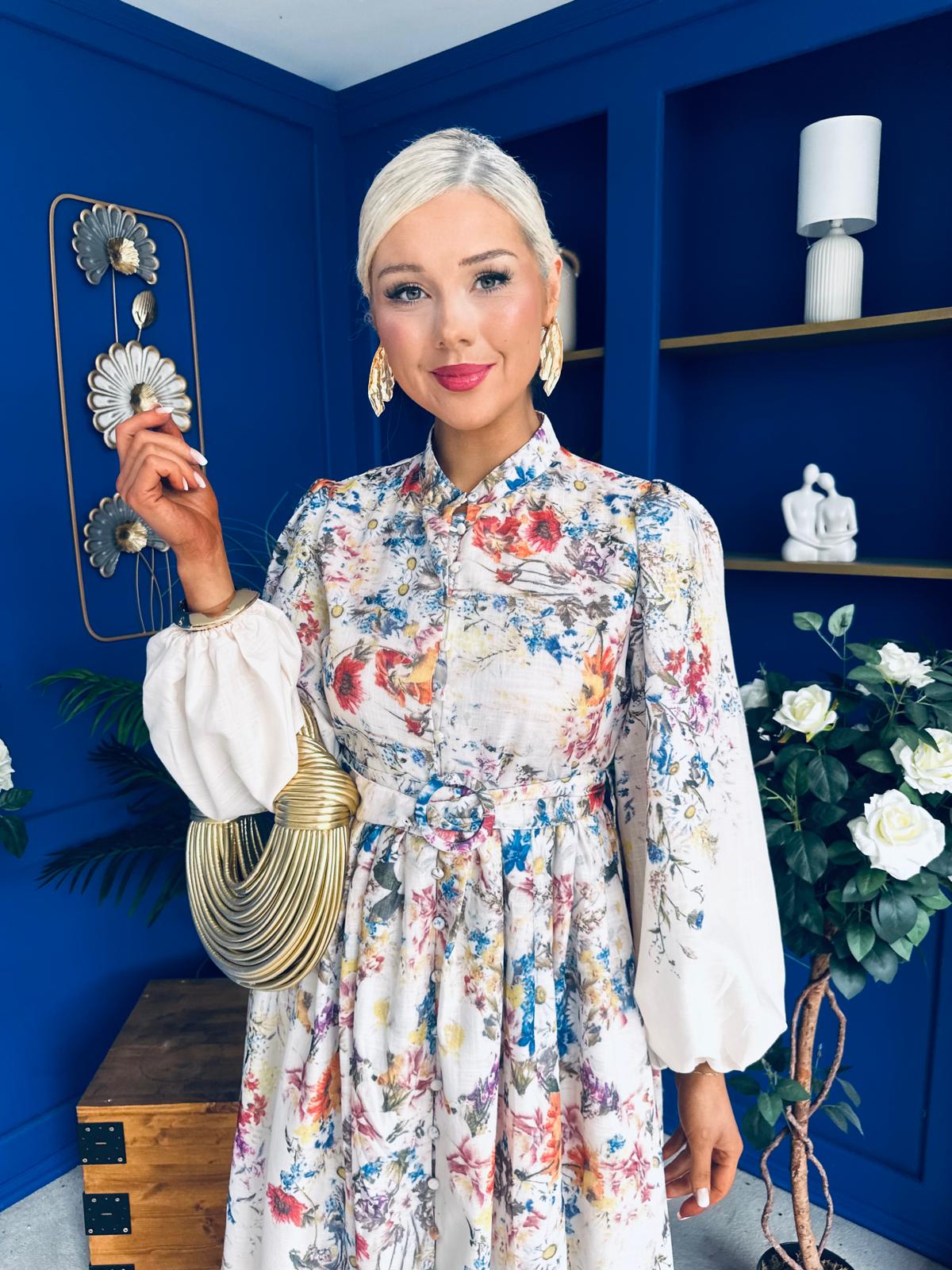 Leona Detailed Shirt Dress Floral Cream