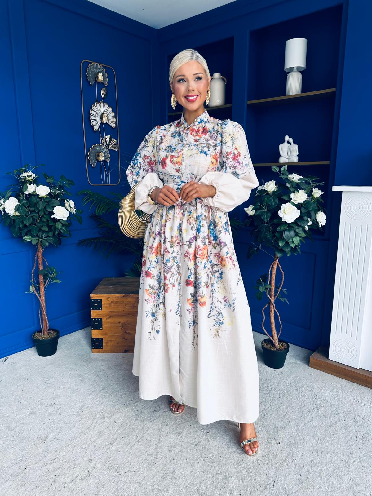 Leona Detailed Shirt Dress Floral Cream