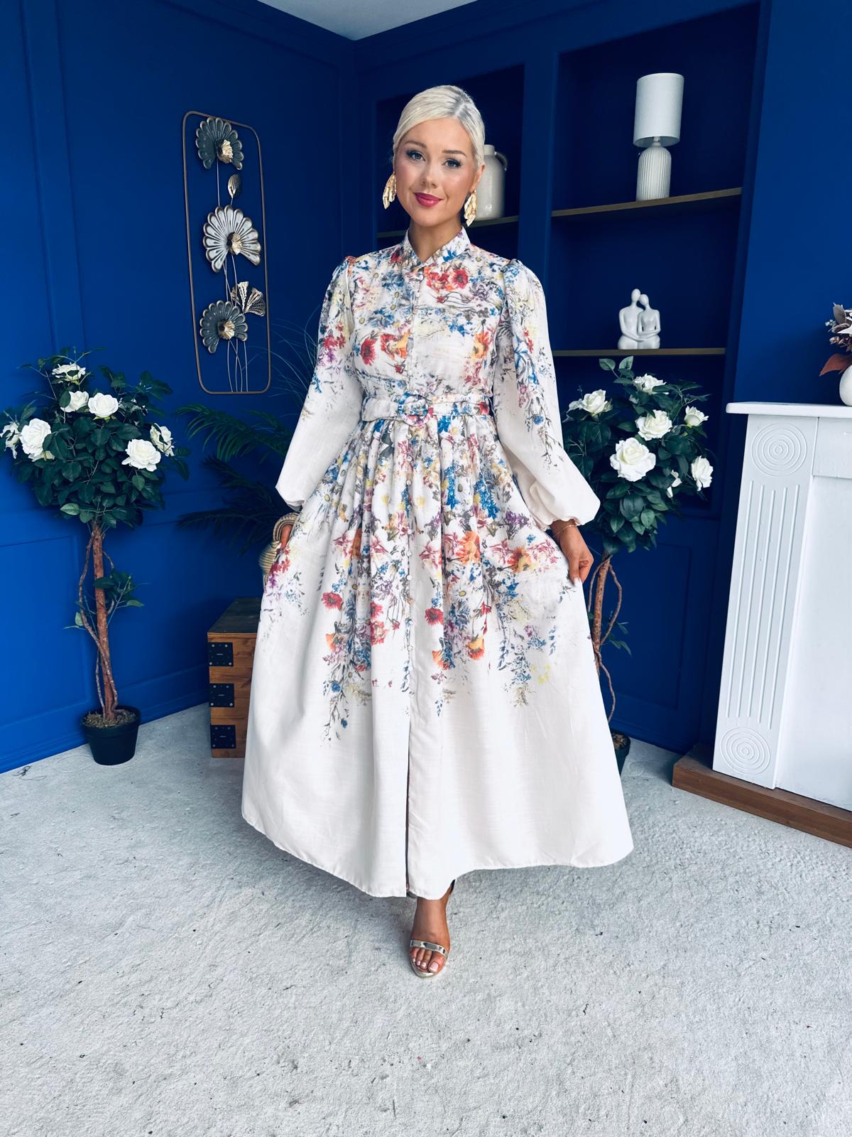 Leona Detailed Shirt Dress Floral Cream