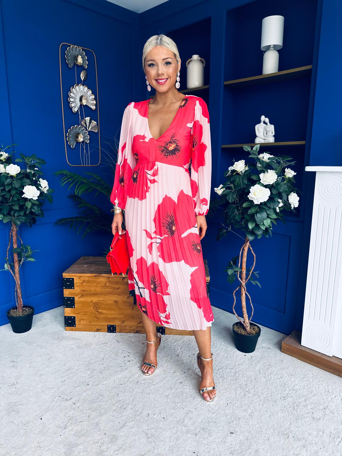 Caitriona Pleated Midi Dress Floral Pink