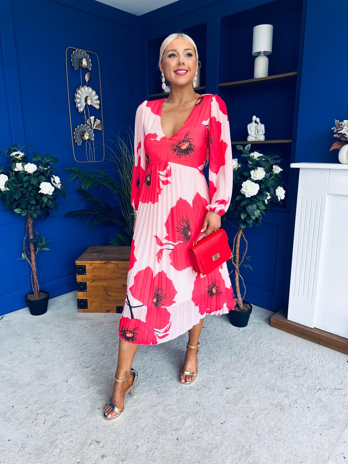 Caitriona Pleated Midi Dress Floral Pink