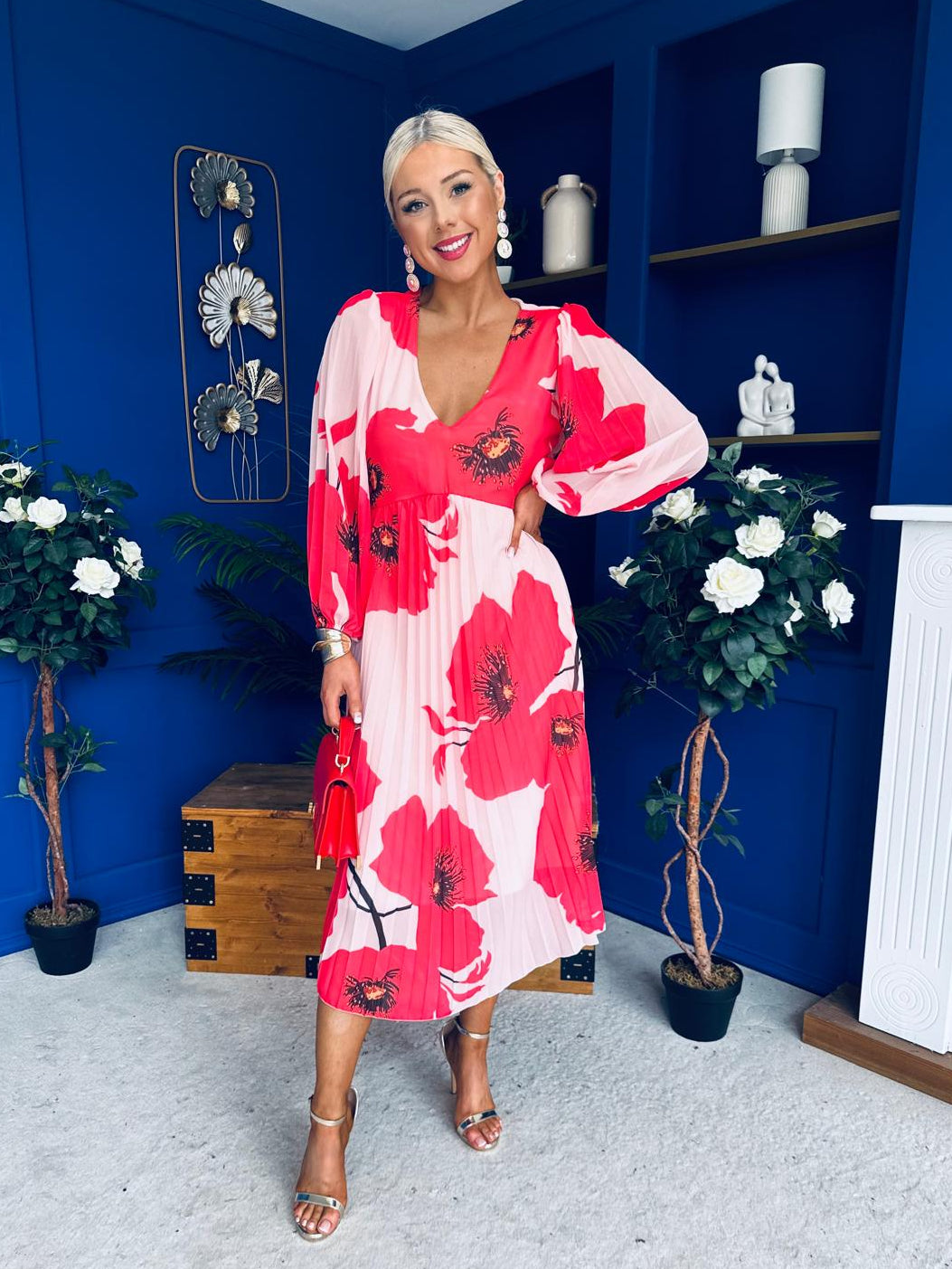 Caitriona Pleated Midi Dress Floral Pink