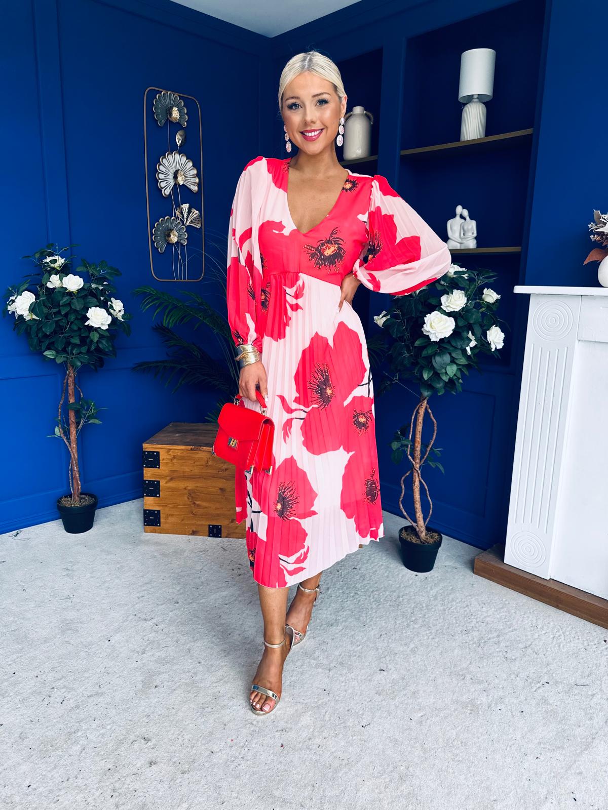 Caitriona Pleated Midi Dress Floral Pink