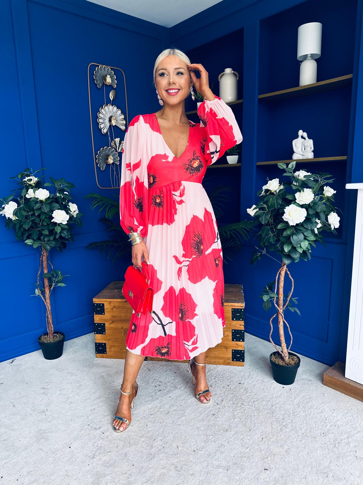 Caitriona Pleated Midi Dress Floral Pink