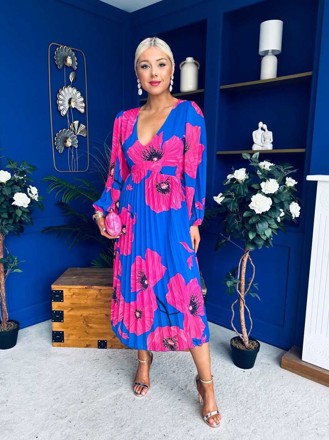 Caitriona Pleated Midi Dress Floral Cobalt