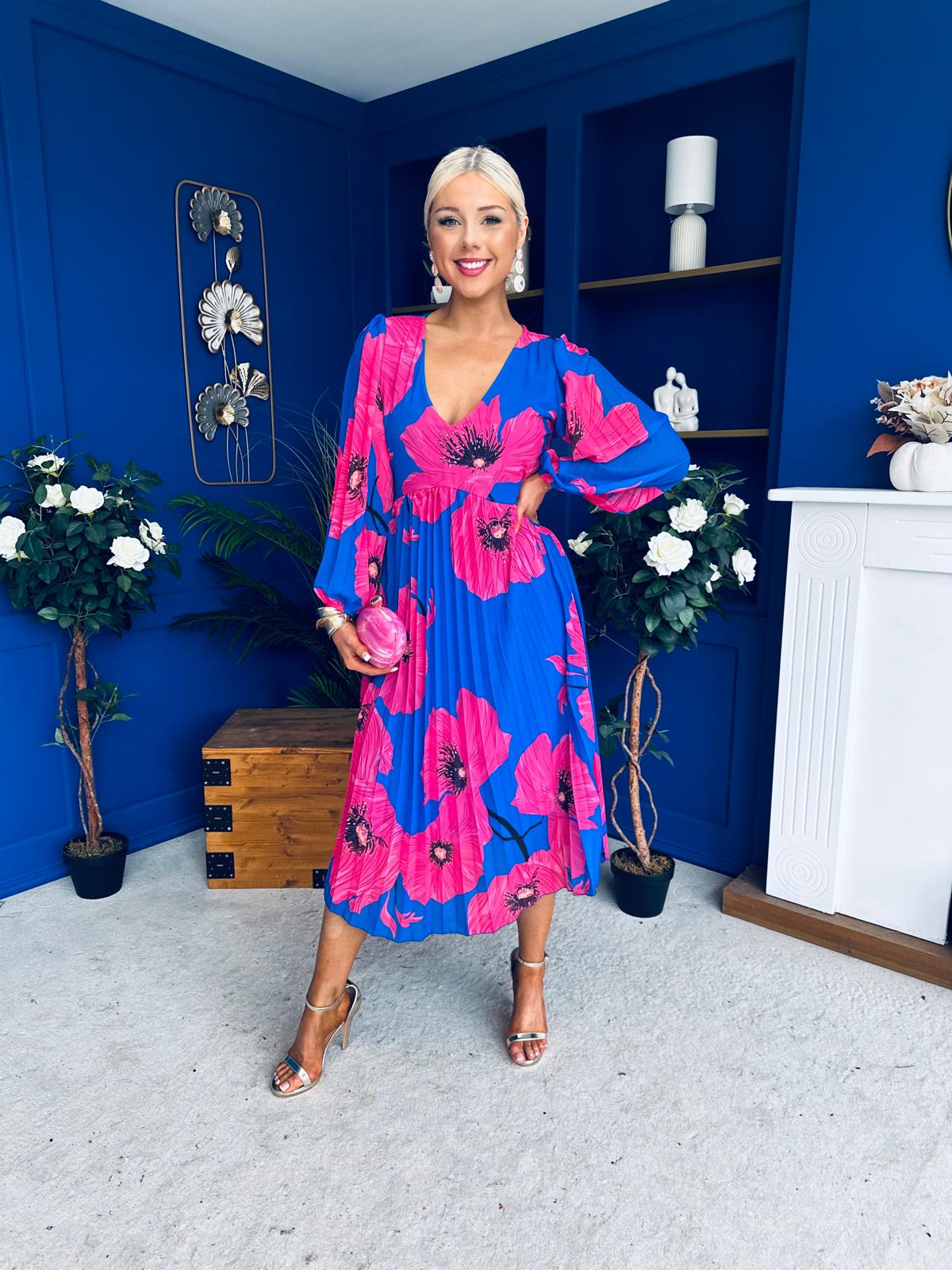 Caitriona Pleated Midi Dress Floral Cobalt