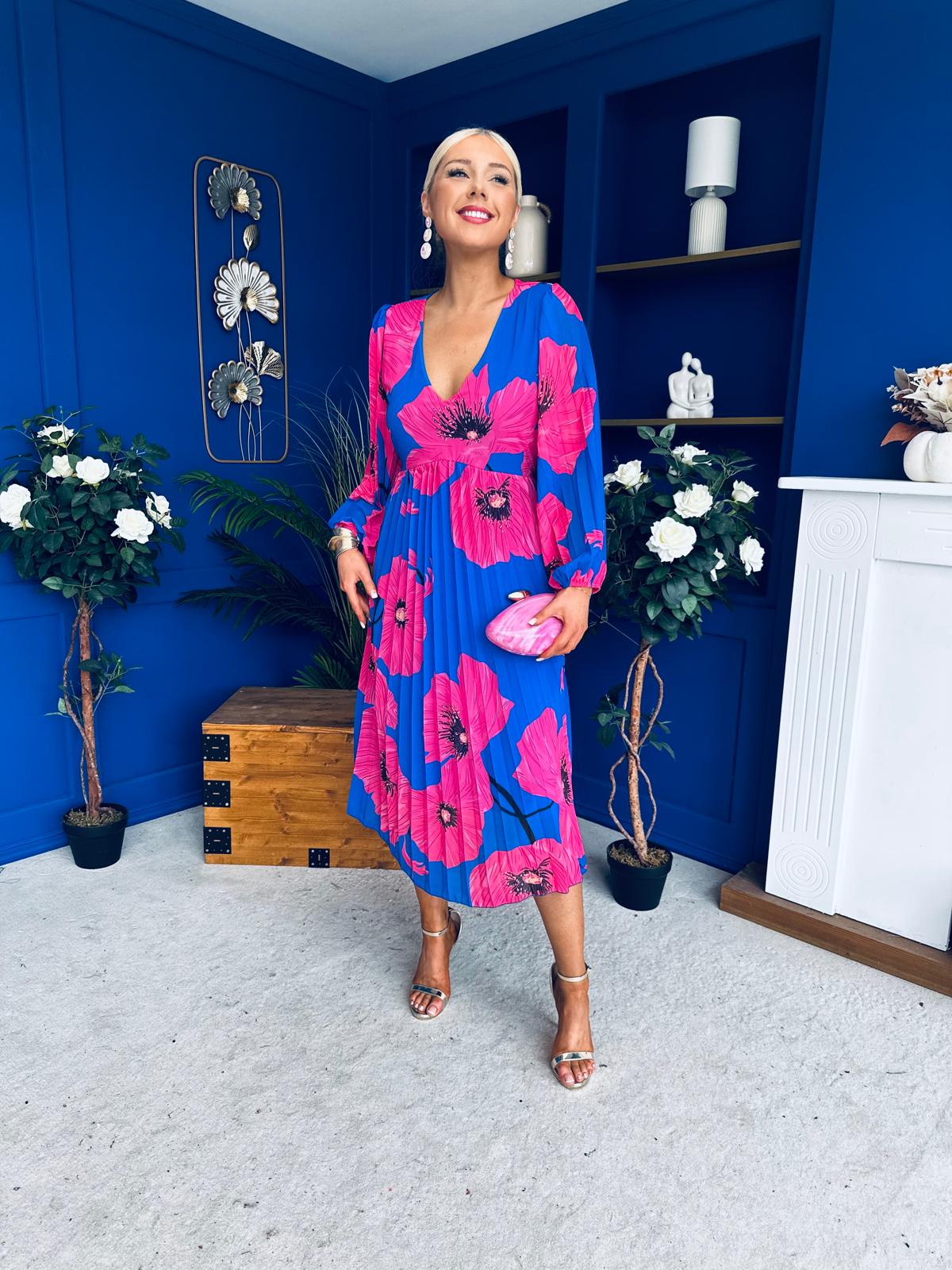 Caitriona Pleated Midi Dress Floral Cobalt